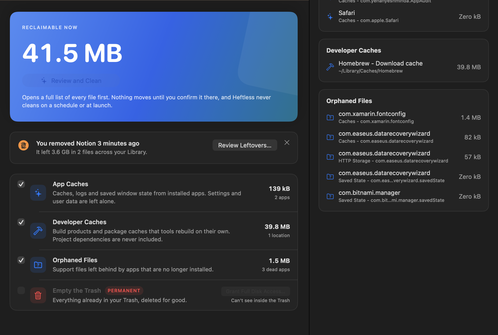 Heftless Overview: reclaimable space, a recent uninstall card, and four sweep categories with checkboxes